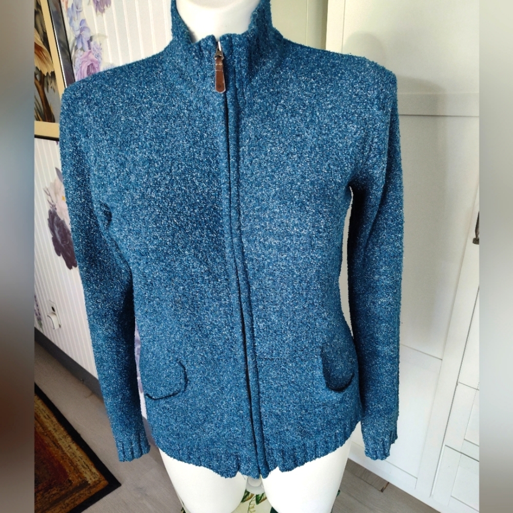 Vintage Columbia Rag Knit Full Zip Blue Cotton Blend Sweater XL 12-14 Best Fit